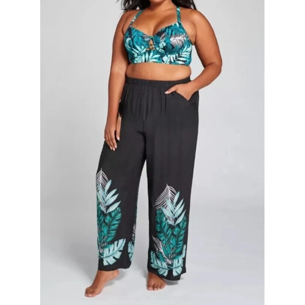 NWT Swim by Cacique Wide Leg Lounge Pants Black Tropical Print Plus Size 26/28 - Picture 1 of 13